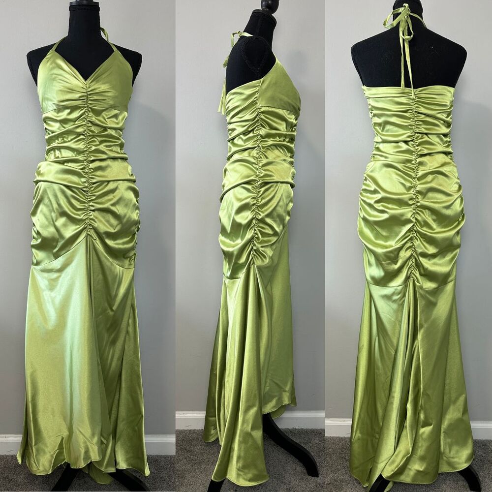 Y2K Jessica McClintock Satin Halter Prom Dress 8P Green Hi Low Mermaid Fairycore